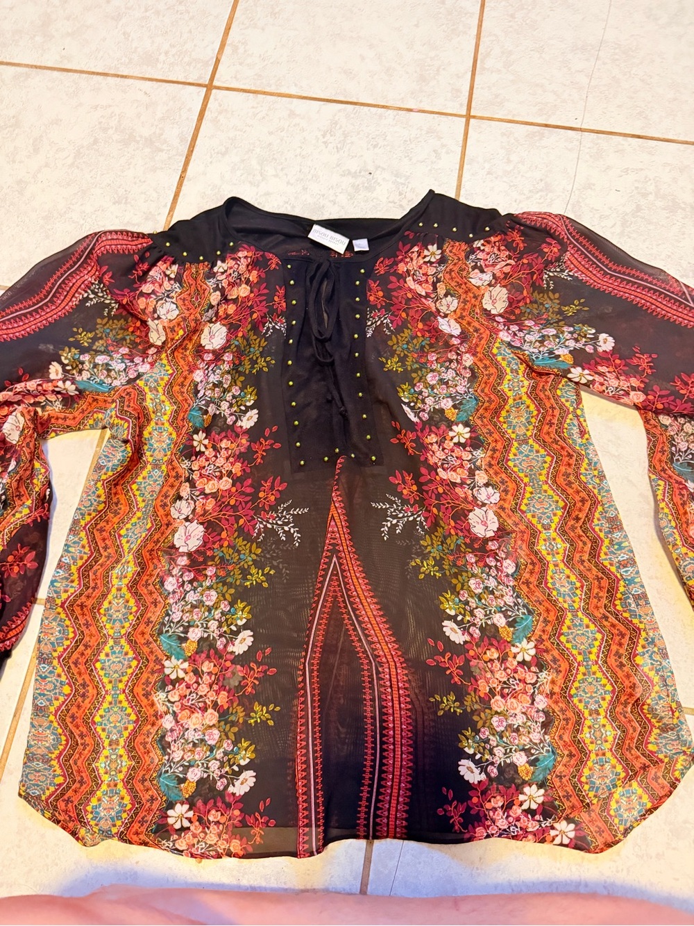 Bisou Bisou Black Floral Lace-Up Tunic with Multicolor Print
